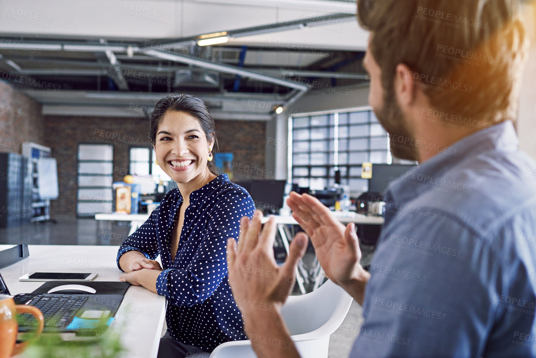 Buy stock photo Meeting, smile and business man and woman in office talking, laughing and in funny conversation at desk. Communication, teamwork and happy workers in discussion, chatting and brainstorming ideas