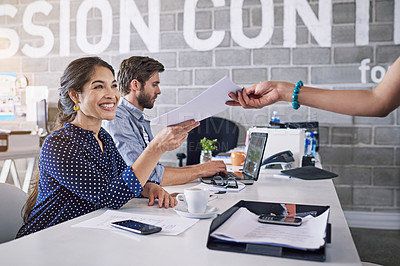 Buy stock photo People in office teamwork giving documents for business proposal, startup mission and career workflow management. Collaboration, planning and paperwork of administration woman or person in workspace