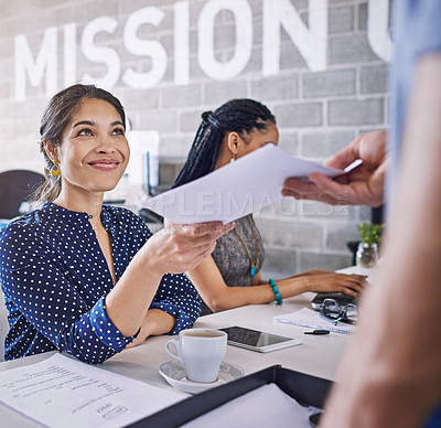 Buy stock photo Happy woman in office giving documents for business proposal, startup mission and career workflow management. Teamwork, planning and paperwork of administration woman or person in coworking workspace