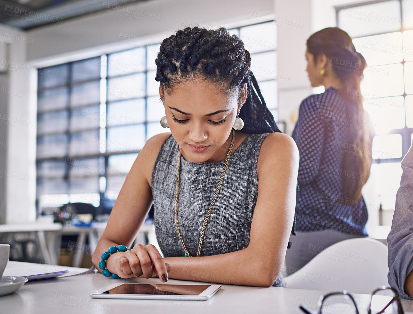 Buy stock photo Office tablet, black woman typing and working on advertising data analysis, social media statistics or customer experience insight. Brand monitoring software, ui research or girl review web analytics