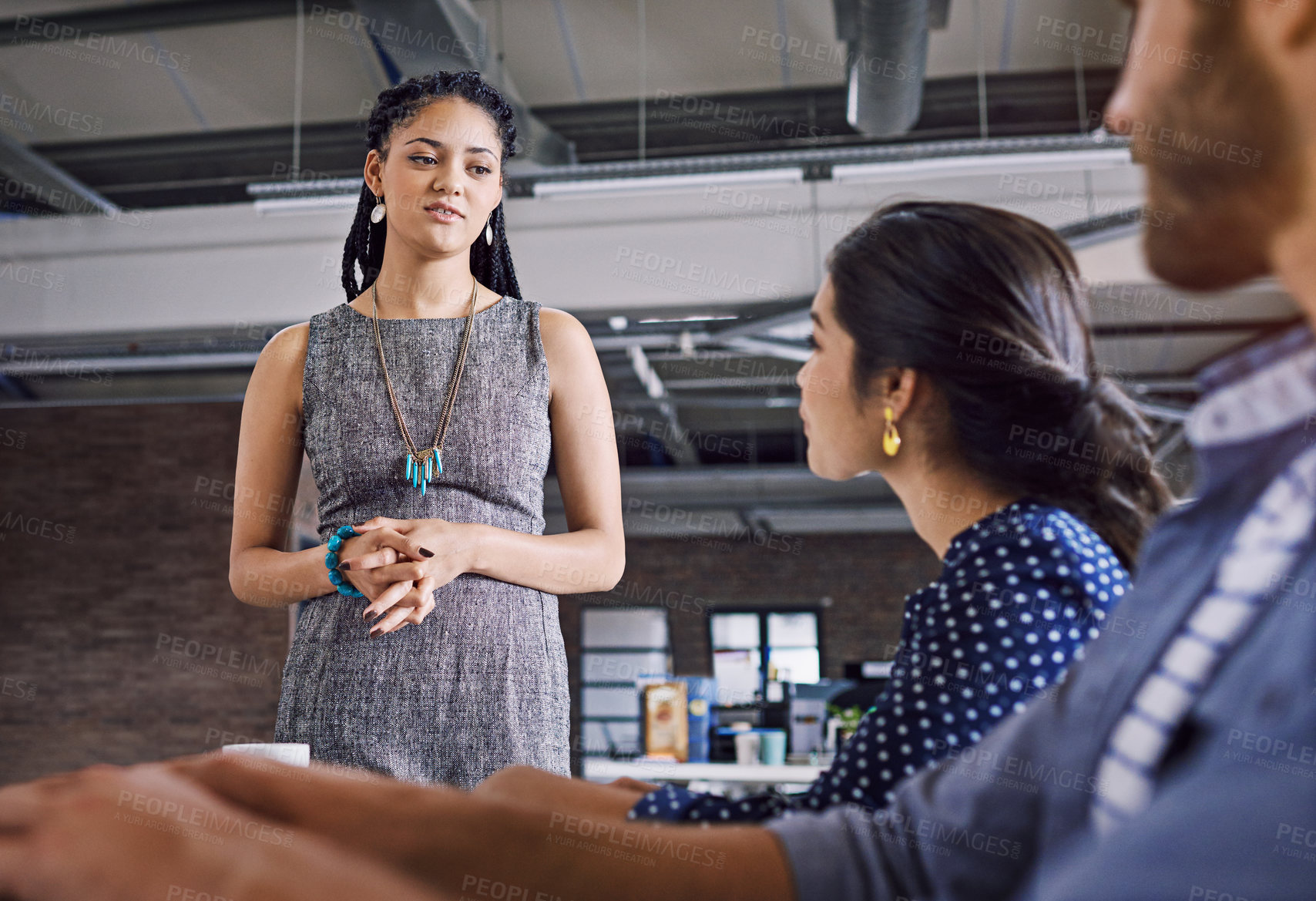 Buy stock photo Speaker, feedback and training with black woman and presentation in office for planning, strategy and creative. Project management, teamwork and question with business people for learning in meeting