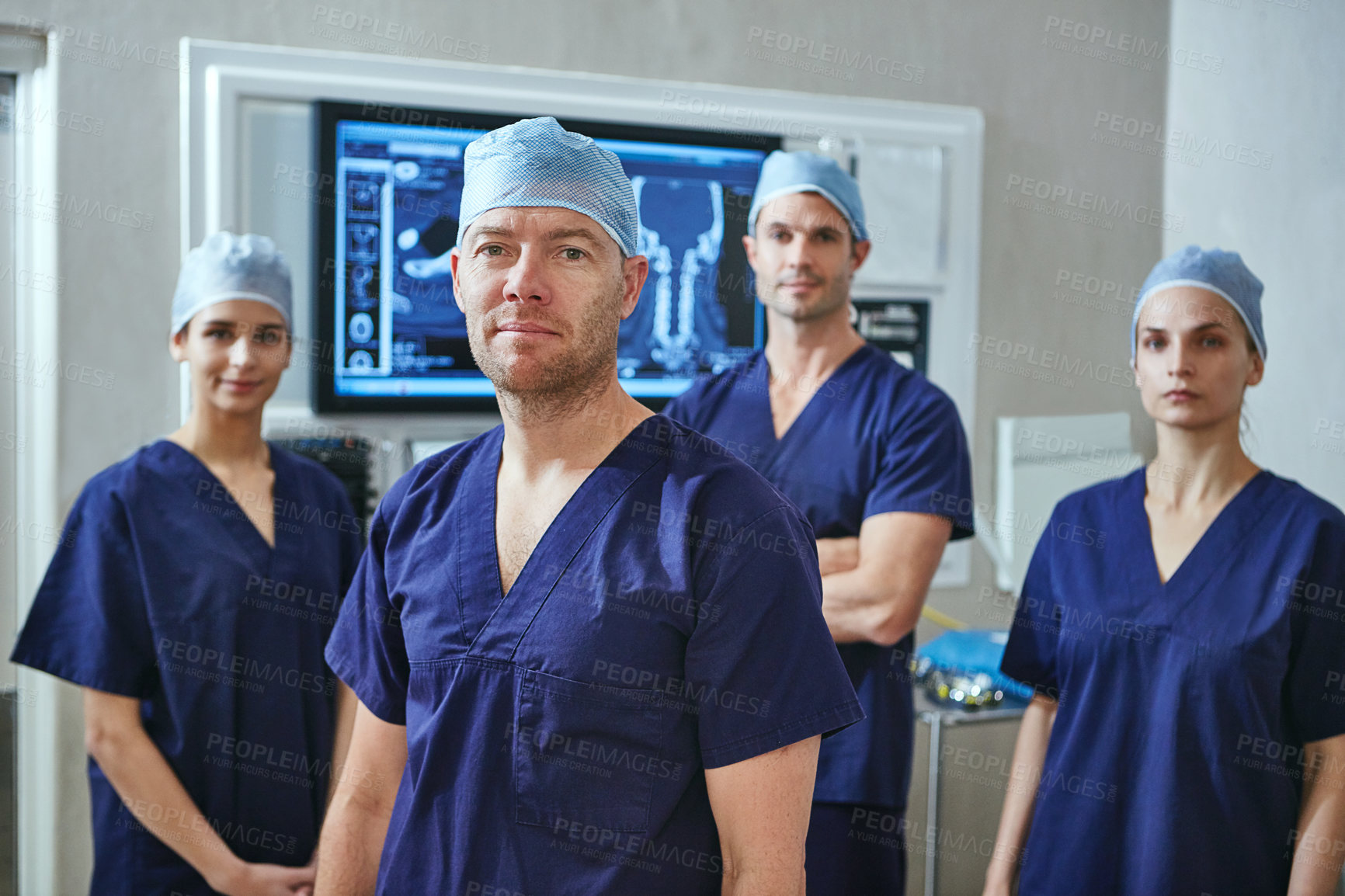 Buy stock photo Portrait of a team of surgeons in a hospital