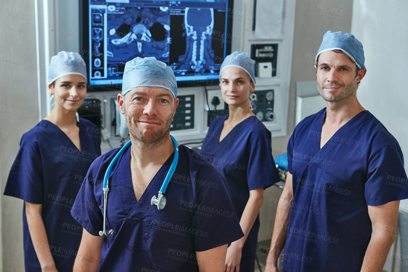 Buy stock photo Portrait of a team of surgeons in a hospital