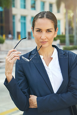 Buy stock photo Portrait of a modern businesswoman in the city