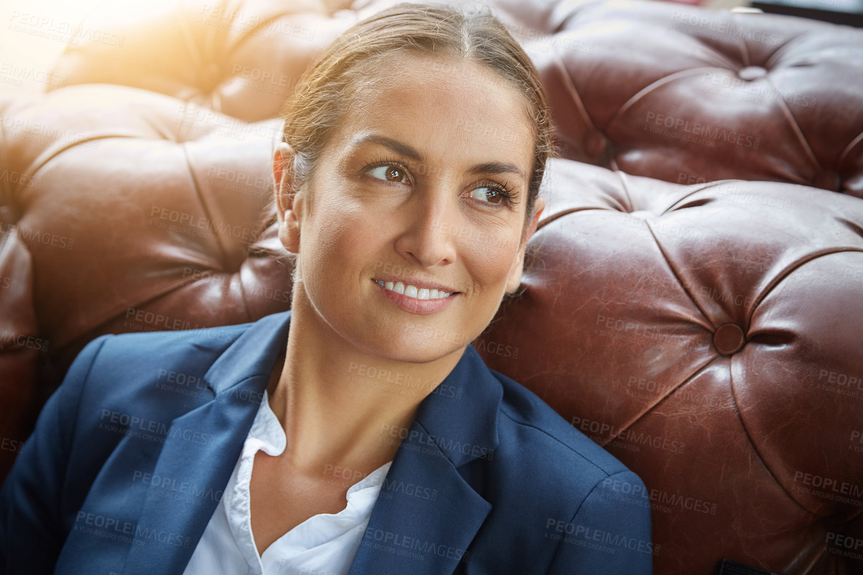Buy stock photo Thinking, employee and woman with smile, office and defense lawyer with ambition for case or justice. Law firm, attorney and person with ideas for trial, happy and reflection for future on couch