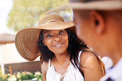 Buy stock photo Cropped shot of a mature couple talking in their frontyard