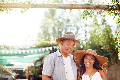 Buy stock photo African couple, hugging and portrait in garden for relax or unwind on day off for holiday outdoor. Man, woman and smile together for relationship, comfort or summer vacation for in love on mockup   