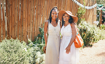 Buy stock photo Black women, smile and bonding in portrait with white dress to relax and enjoy vacation in frontyard. Happy, African mother and daughter together for affection, love and support on summer holiday