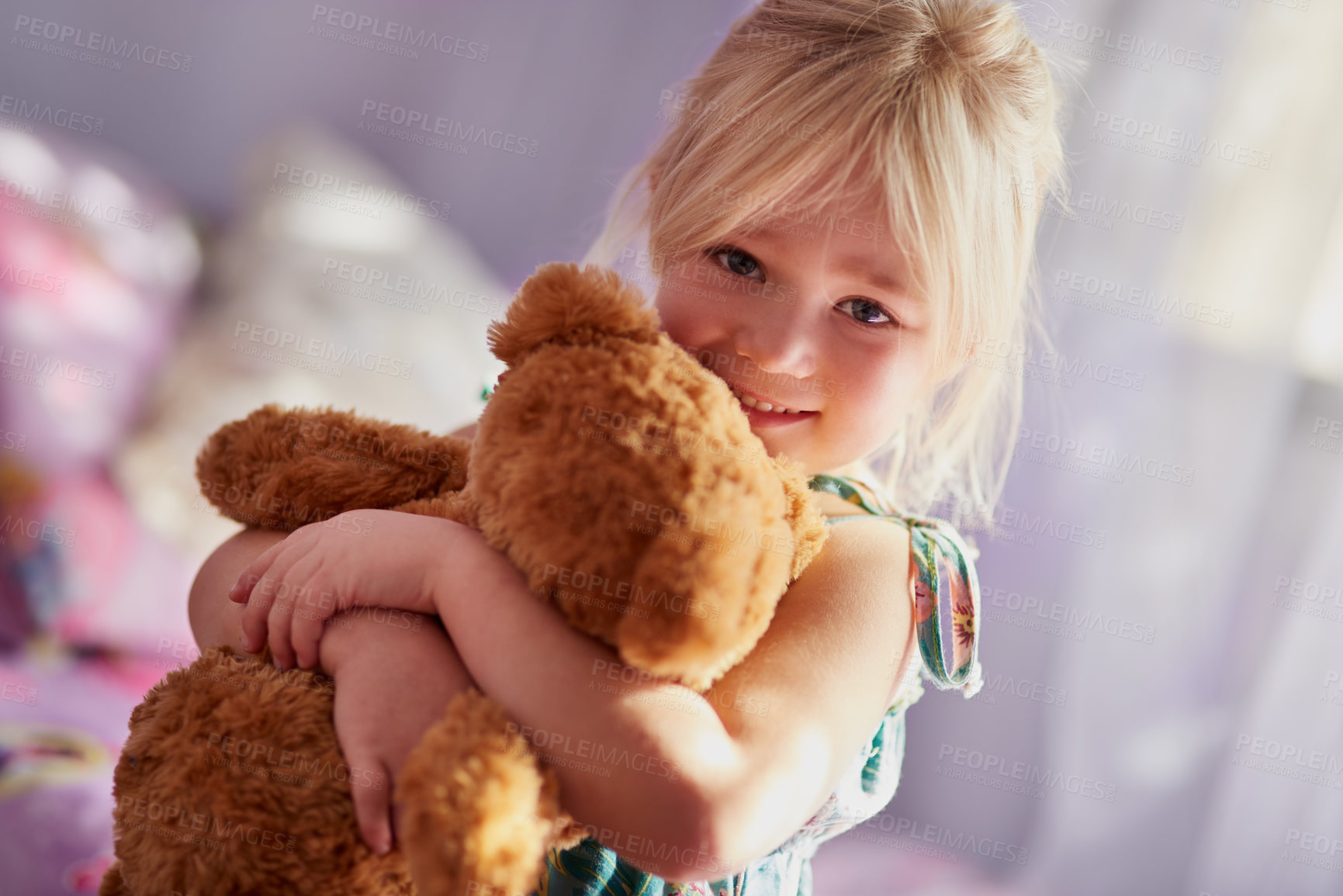 Buy stock photo Home, happy and girl hug with teddy, comfort with animal toys for childhood development for cuddle portrait. Support, bedroom with love for smile and fun, sweet children and caring in apartment