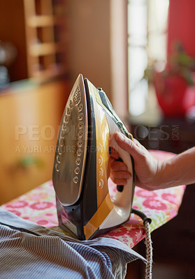 Buy stock photo  Iron, board and machine for housework, hand and electrical for clothes, heat and appliance for laundry. Apartment, equipment and steam for fabric, chores and service for housekeeping and object
