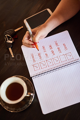 Buy stock photo Person writing, tick or hands with notebook and schedule for daily routine, checklist with coffee. Above, organise and to do list in home with notepad, page and book for planning to write a article