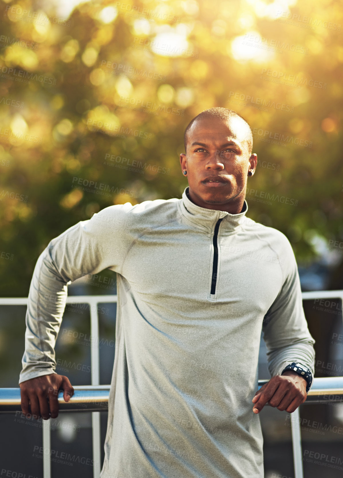 Buy stock photo Outdoor, black man and thinking by sunshine for fitness, exercise and training for marathon with endurance. City, male runner and ideas on break for cardio, wellness and health benefits with running