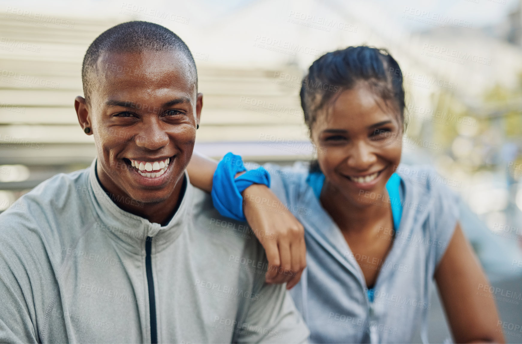 Buy stock photo Portrait of a young sporty couple out for a workout
