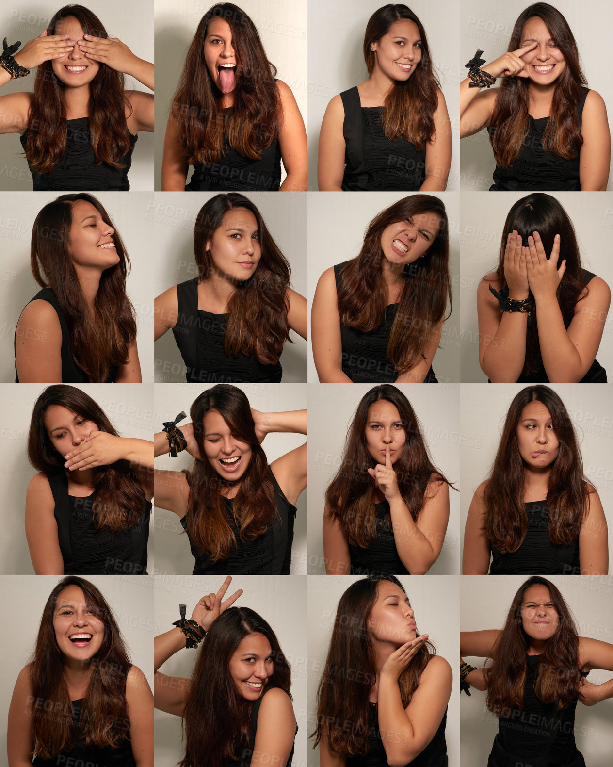 Buy stock photo Portrait, collage and woman with emotion for funny, comic and expression on white background Montage, face and comedy for pose and female model, character actor and photography booth in studio