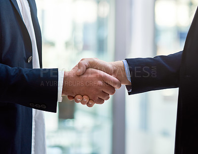 Buy stock photo Welcome, handshake and business people with thank you for hiring, interview and recruitment success. Deal, shaking hands and  b2b men in partnership, collaboration and onboarding cooperation