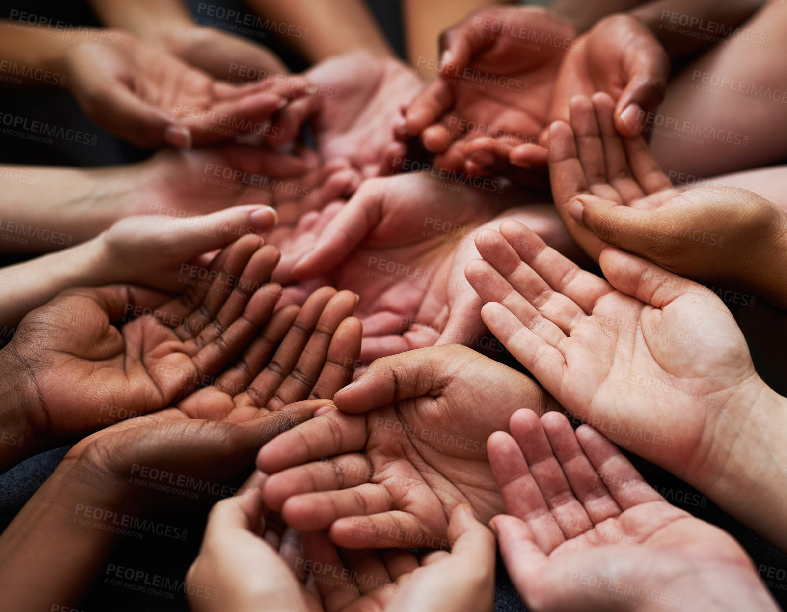 Buy stock photo People, diversity and open palm with support in a community with unity and care. Group, helping and hands together for charity with donation and global solidarity for poverty with diverse team.