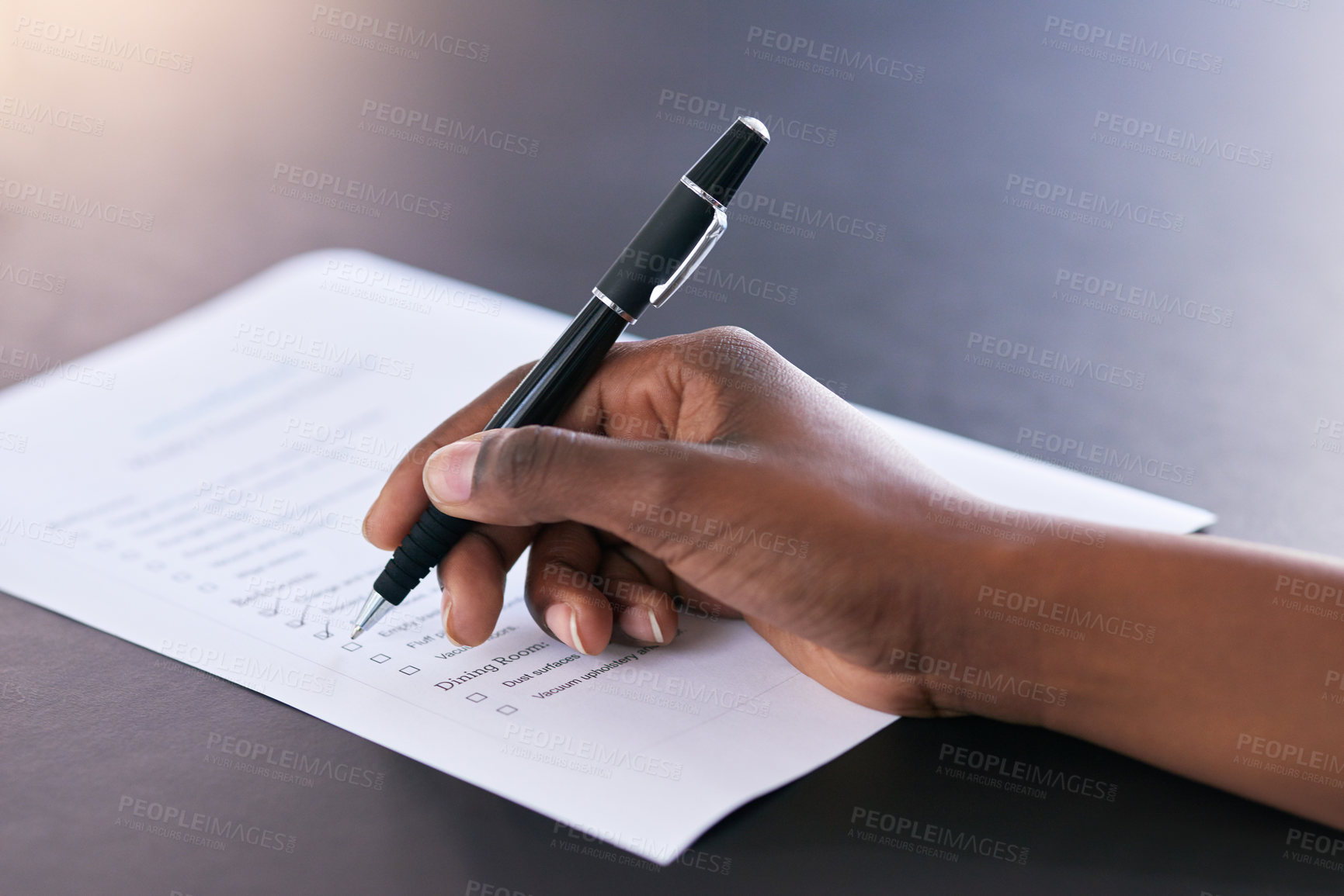 Buy stock photo Checklist, paper and hands writing a schedule, agenda or planning administration at work. Receptionist, plan and person with notes on a document for information, project management or working