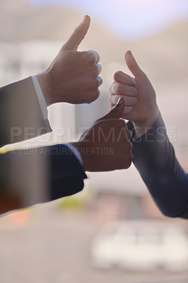Buy stock photo Closeup, hands and thumb up with business, feedback and success with report, cooperation and agreement. Zoom, professional and group with teamwork, collaboration and partnership with achievement