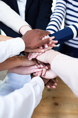 Buy stock photo Diversity, hands and collaboration in office with synergy, cooperation and company success. Partnership, support and international group for achievement with zoom, staff trust and teamwork together