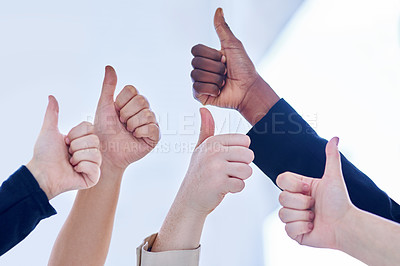 Buy stock photo People, diversity and thumbs up for teamwork, collaboration and partnership for success and support. Hand, group and emoji for good job, thank you, yes sign or winning for solidarity and agreement 