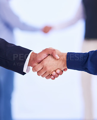 Buy stock photo Handshake, partnership and business people with deal, collaboration or agreement. Shaking hands, cooperation and employees with opportunity, acquisition or b2b negotiation, congratulations and mockup