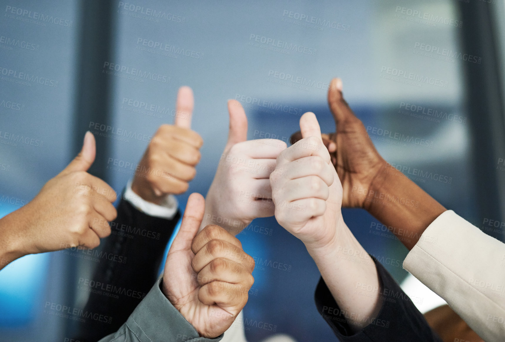 Buy stock photo Business people, diversity and hands with thumbs up for agreement, unity or well done at office. Closeup of diverse group or team with like emoji, yes sign or ok for thank you, meeting or good job