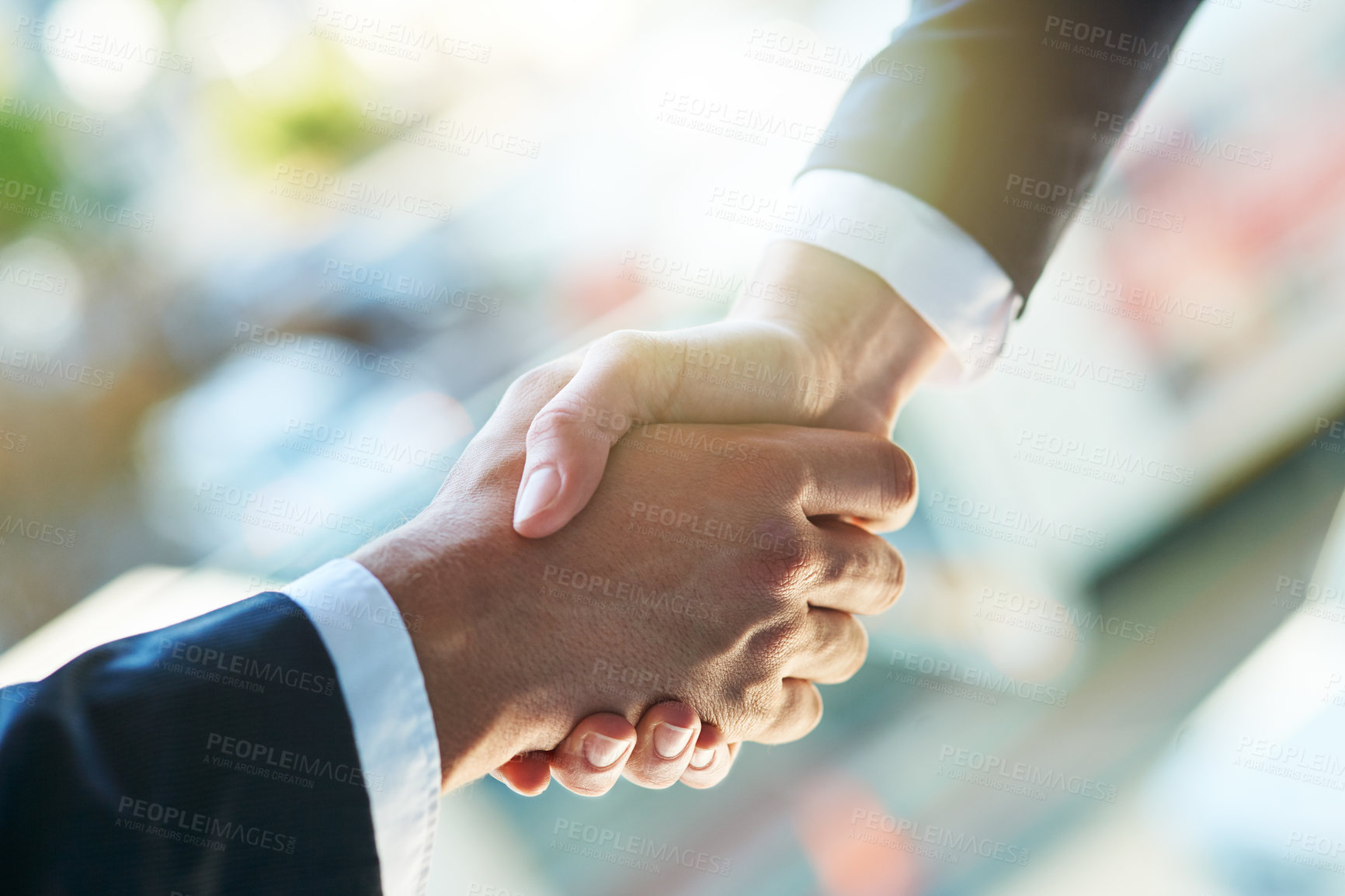 Buy stock photo Business people, handshake and partnership with meeting for collaboration, greeting or b2b at office. Closeup of employees shaking hands for introduction, agreement or teamwork together at workplace