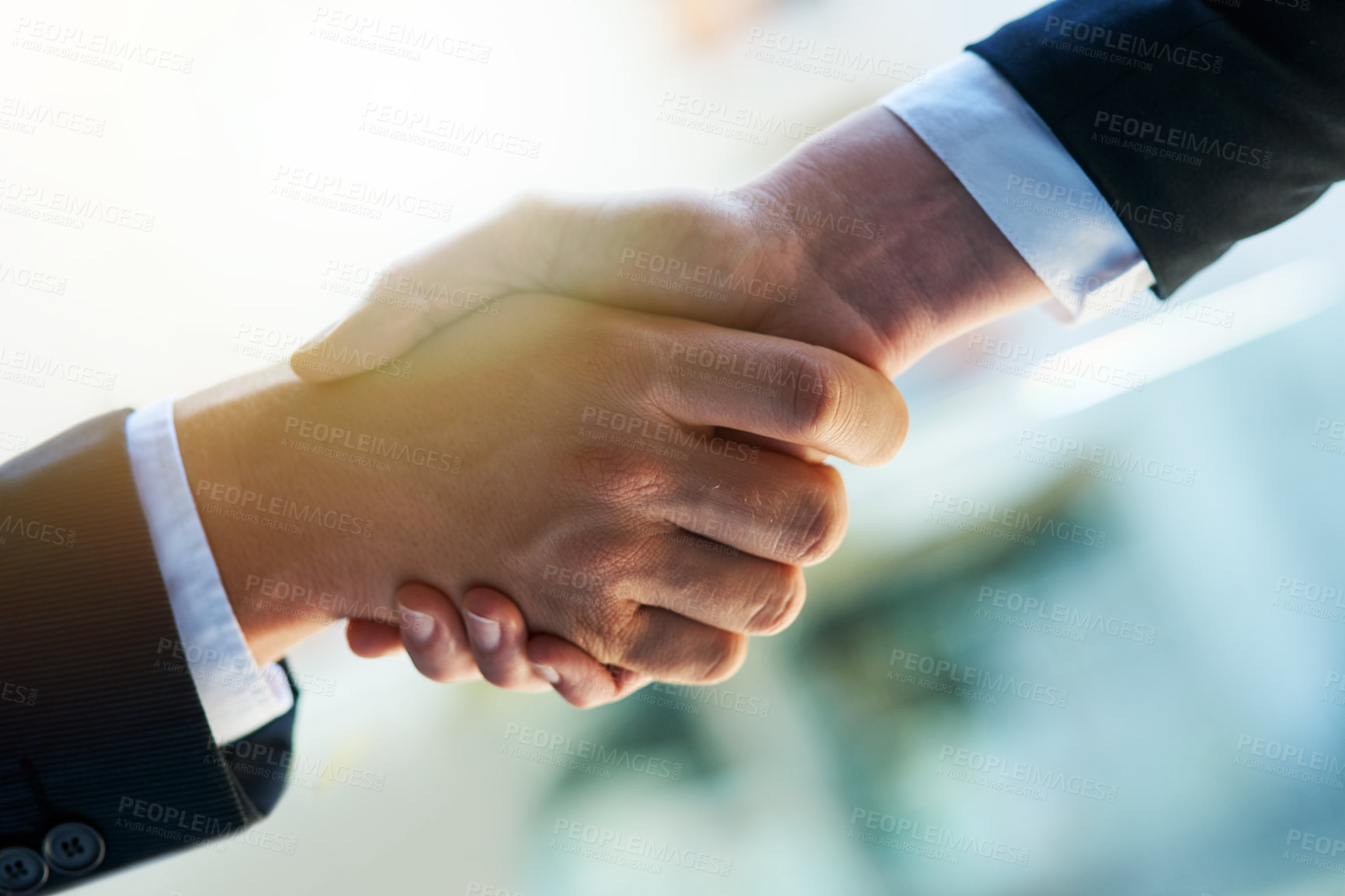 Buy stock photo Business people, handshake and partnership with b2b for meeting, collaboration or greeting at office. Closeup of employees shaking hands for introduction, agreement or teamwork together at workplace