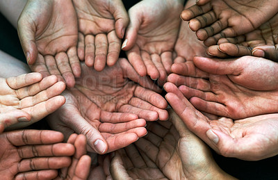 Buy stock photo Open hands, diversity and palm with helping community, hunger and support. Poor, poverty and charity help with people and trust with crowd and society union donation and giving question from above