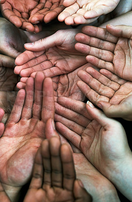 Buy stock photo Open hands, diversity group and together with community, solidarity and support. Trust, faith and charity hands gesture with people and collaboration with crowd show palm and society and commitment