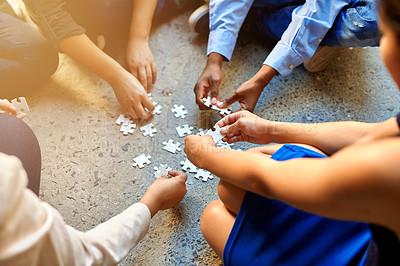 Buy stock photo Diversity, group and puzzle on floor with teamwork, support and solution for problem. Partnership, synergy and global people with jigsaw for collaboration strategy, together and working in circle
