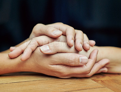 Buy stock photo Closeup, healing and holding hands with love, trust and hope in a crisis, empathy and support. Zoom, people and friends with palms touching, peace and partnership with help, gratitude and kindness