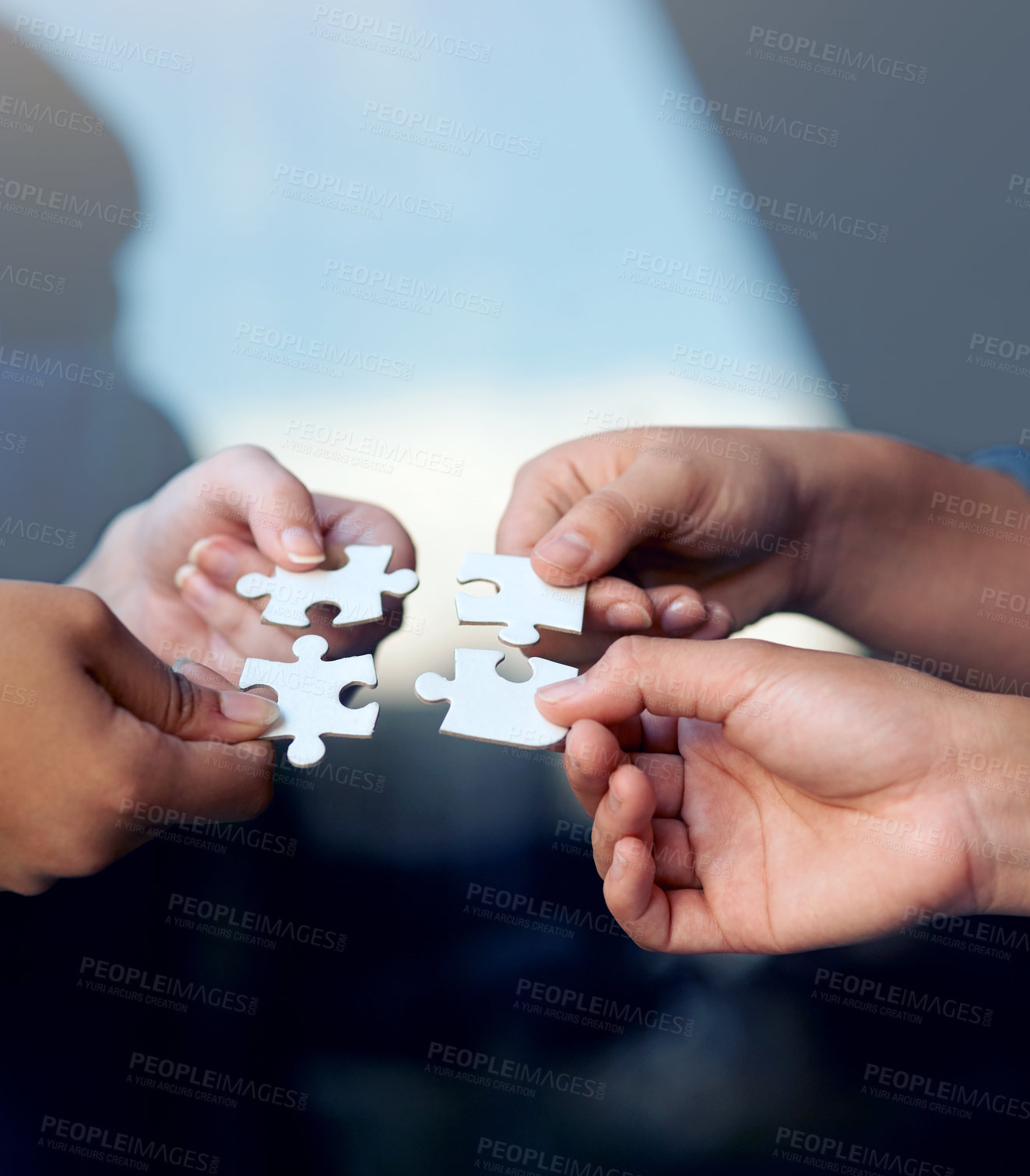 Buy stock photo Hands, puzzle and teamwork for meeting, solidarity and support for team building. Collaboration, diversity and partnership for global community, integration and connect for synergy, unity and trust