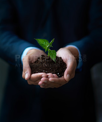 Buy stock photo Hand, plant and soil for sustainability innovation, environmental awareness and clean energy for eco friendly. Person, leaf and grow for unity support and ecology for hope, growth and help nature    