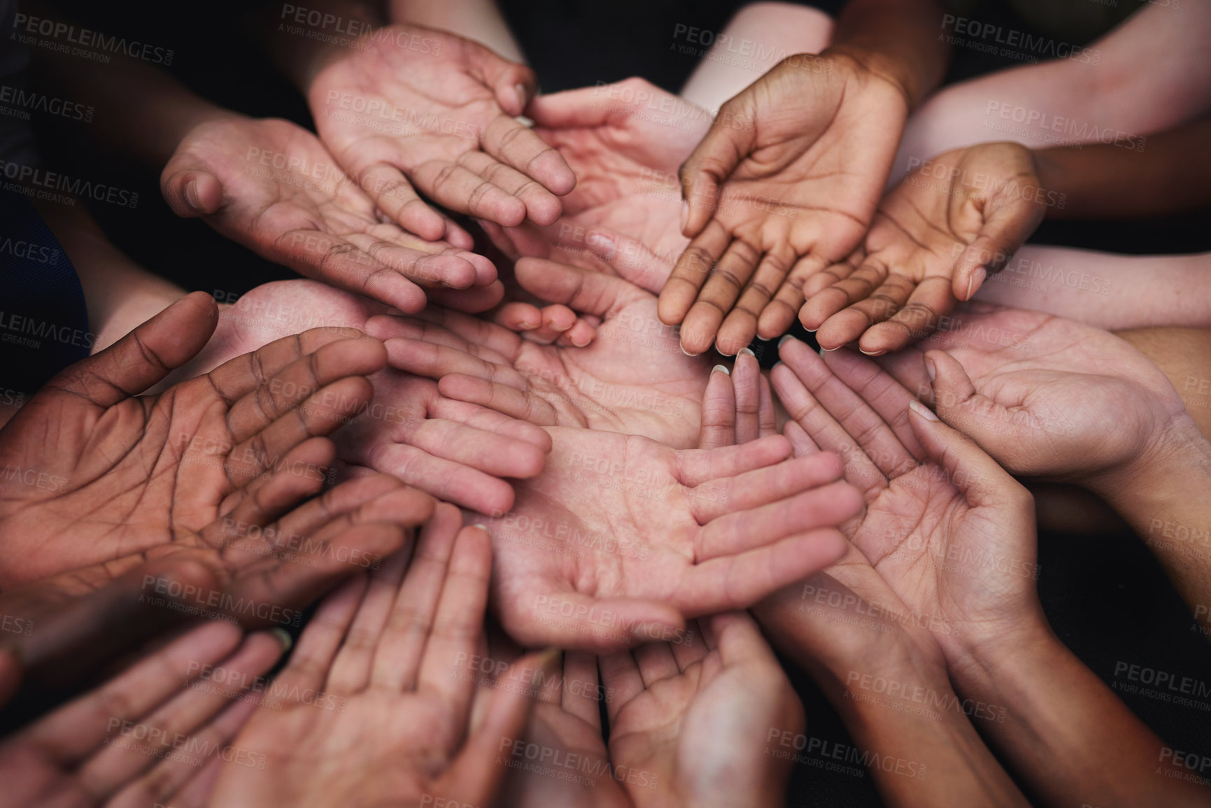 Buy stock photo Hands, palm and group of people in poverty in closeup for support with community for together. Helping, teamwork and crowdfunding for donation with charity for hope, diversity and collaboration