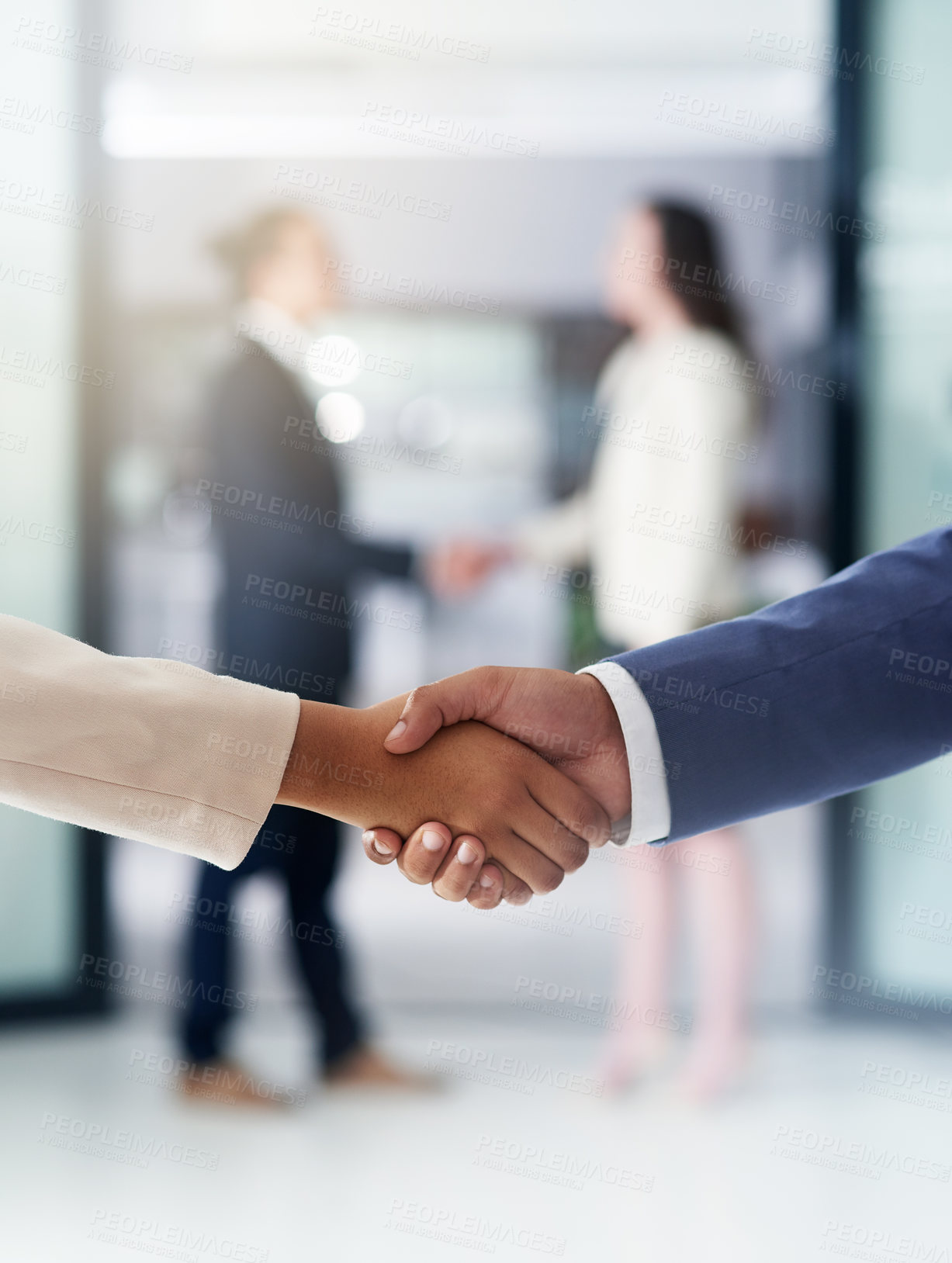 Buy stock photo Meeting, deal and business people with handshake, partnership or interview for onboarding opportunity. Agreement, b2b teamwork and employees shaking hands for collaboration, welcome and cooperation.