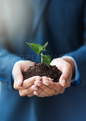Buy stock photo Hand, leaf and soil for sustainability innovation, environmental awareness and clean energy for eco friendly. Person, plant and grow for unity support and ecology for hope, growth and help nature    
