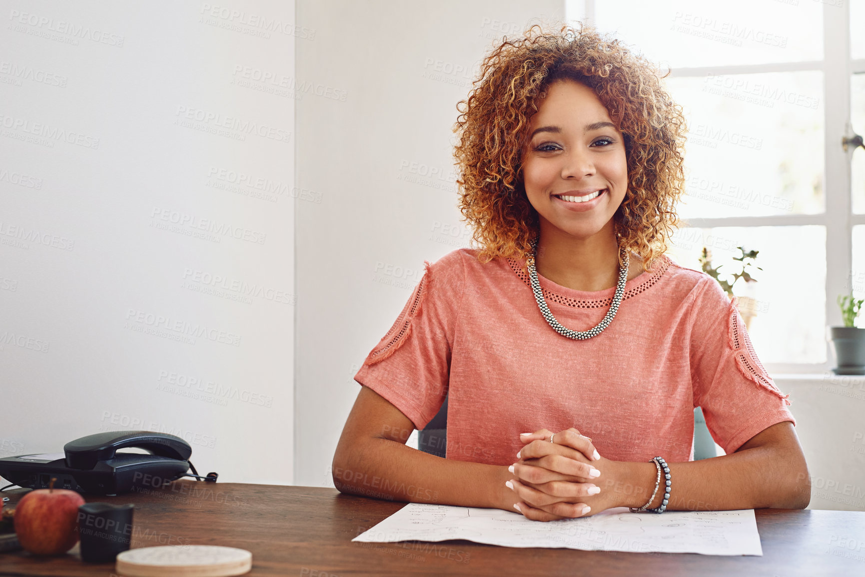Buy stock photo Portrait, documents or happy woman in office for administration, paperwork report or project. Notes, smile or confident female secretary at desk working on startup research, agenda or human resources