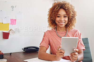 Buy stock photo Portrait, happy woman or designer with tablet for research, technology or analysis online on website. News, email or person working stats update on internet or app with smile in startup or office