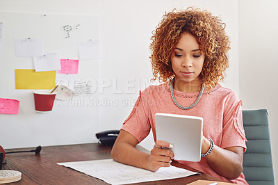 Buy stock photo Internet, communication or designer with tablet for research, technology or analysis online on website. Typing, reading email or woman working SEO stats update on app with smile in startup or office