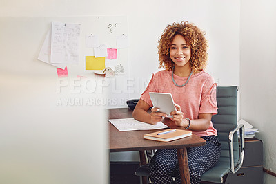 Buy stock photo Happy woman, portrait or designer with tablet for research, news or analysis online on website. Communication, email or person working stats update on internet or app with smile in startup or office