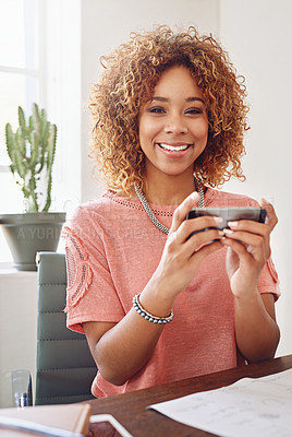 Buy stock photo Mobile games, portrait or happy woman in office playing online gaming, subscription to relax. Smile, video gamer or African worker with phone app on break in workplace for streaming fun multimedia