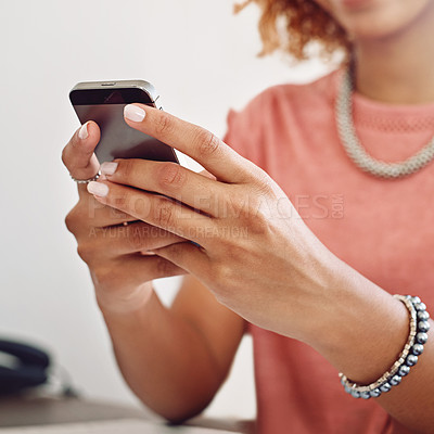 Buy stock photo Communication, hands or designer with phone for social media, technology or typing online on website. Research, networking or closeup of woman in office texting on blog for update on mobile app 