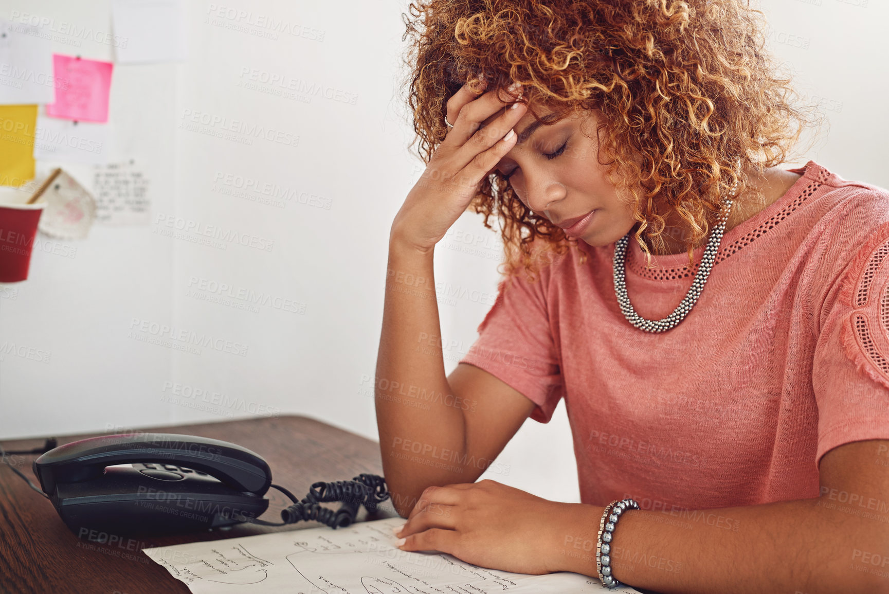 Buy stock photo Headache, documents or woman in office for administration, paperwork report or project deadline. Migraine pain, stress or frustrated secretary at desk working on research or agenda with depression