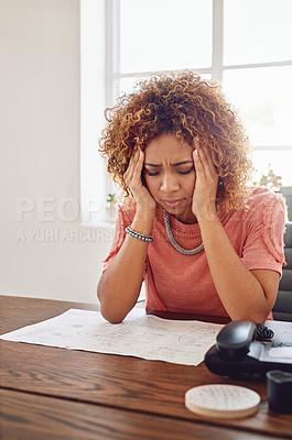 Buy stock photo Headache, paperwork or secretary with administration stress, documents report or project deadline. Migraine pain, mistake or frustrated woman at desk working on research, agenda or human resources 