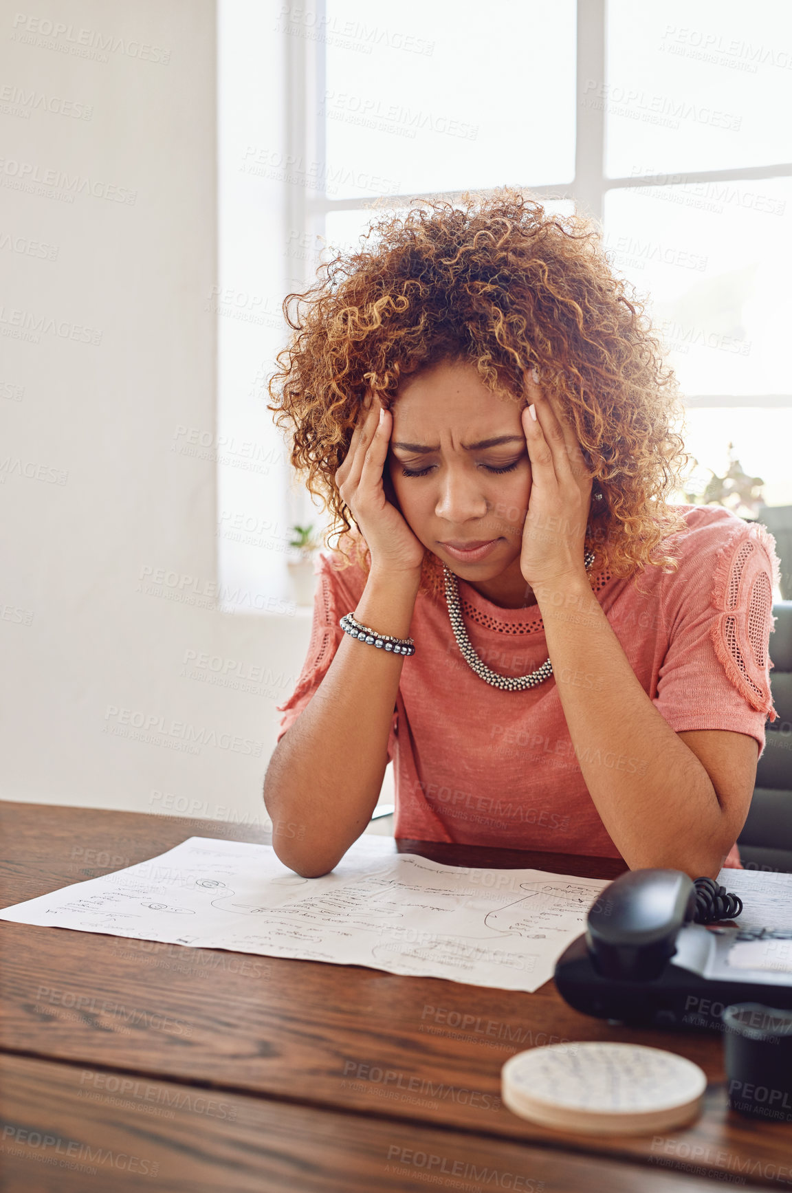Buy stock photo Headache, paperwork or secretary with administration stress, documents report or project deadline. Migraine pain, mistake or frustrated woman at desk working on research, agenda or human resources 