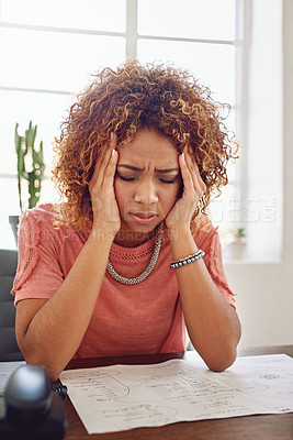 Buy stock photo Headache, documents or secretary with administration stress, paperwork report or project deadline. Migraine pain, mistake or frustrated woman at desk working on research, agenda or human resources 