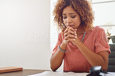 Buy stock photo Office, woman or worker praying for career, job or work opportunity in workplace for God or hope. Sad, fail or employee frustrated with admin stress, worry or anxiety for mistake, help or support