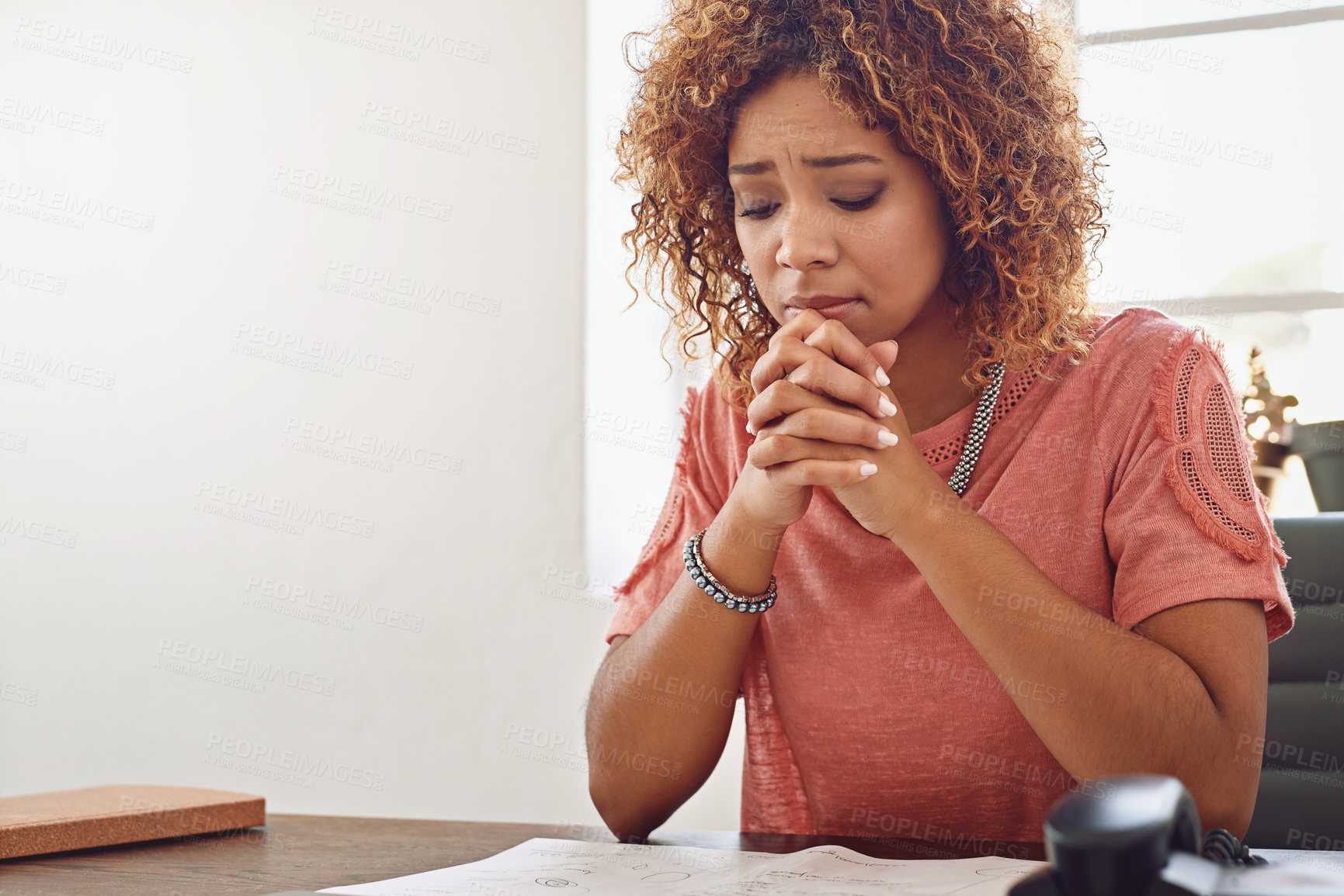Buy stock photo Office, woman or worker praying for career, job or work opportunity in workplace for God or hope. Sad, fail or employee frustrated with admin stress, worry or anxiety for mistake, help or support
