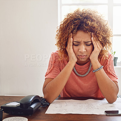 Buy stock photo Headache, documents or secretary with administration burnout, paperwork report or project deadline. Migraine pain, stress or frustrated woman at desk with research, agenda or human resources failure